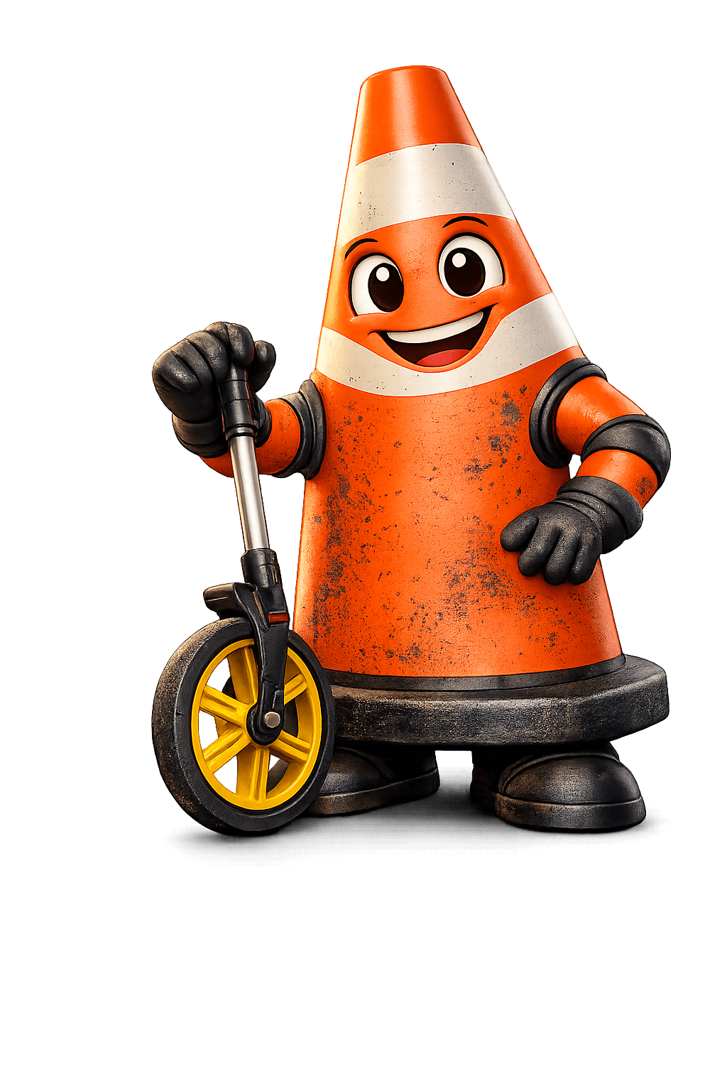 Pylo asphalt mascot holding a measuring wheel while estimating a commercial parking lot for winter emergency pothole patching, paving and crack filling